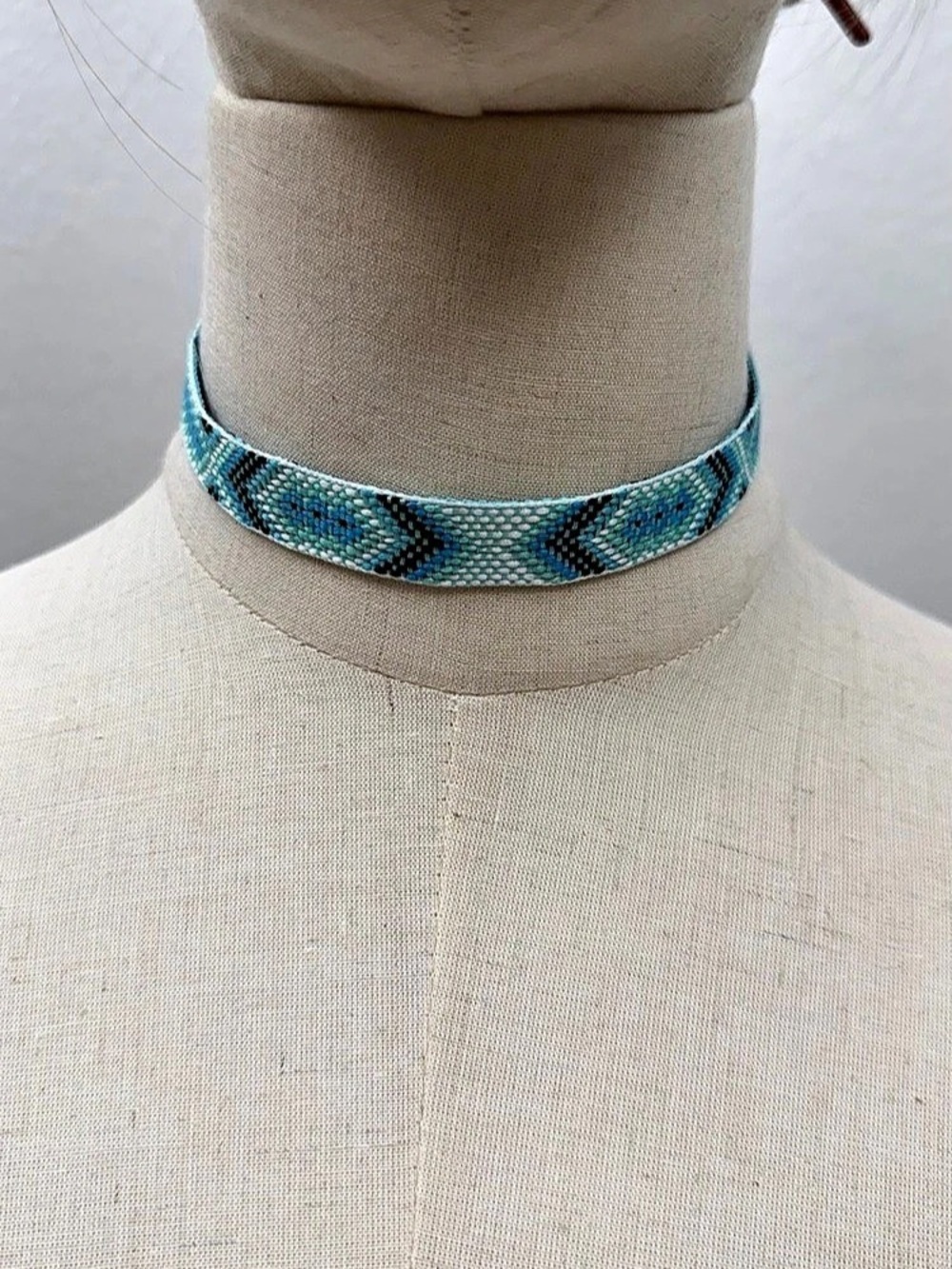 Turquoise Blue Woven Choker Necklace Geometric Boho Adjustable Necklace
